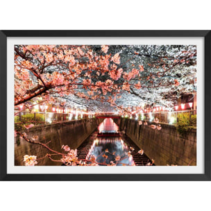 Affiche photo cerisiers et hanami à tokyo Affiche + cadre en bois - Noir