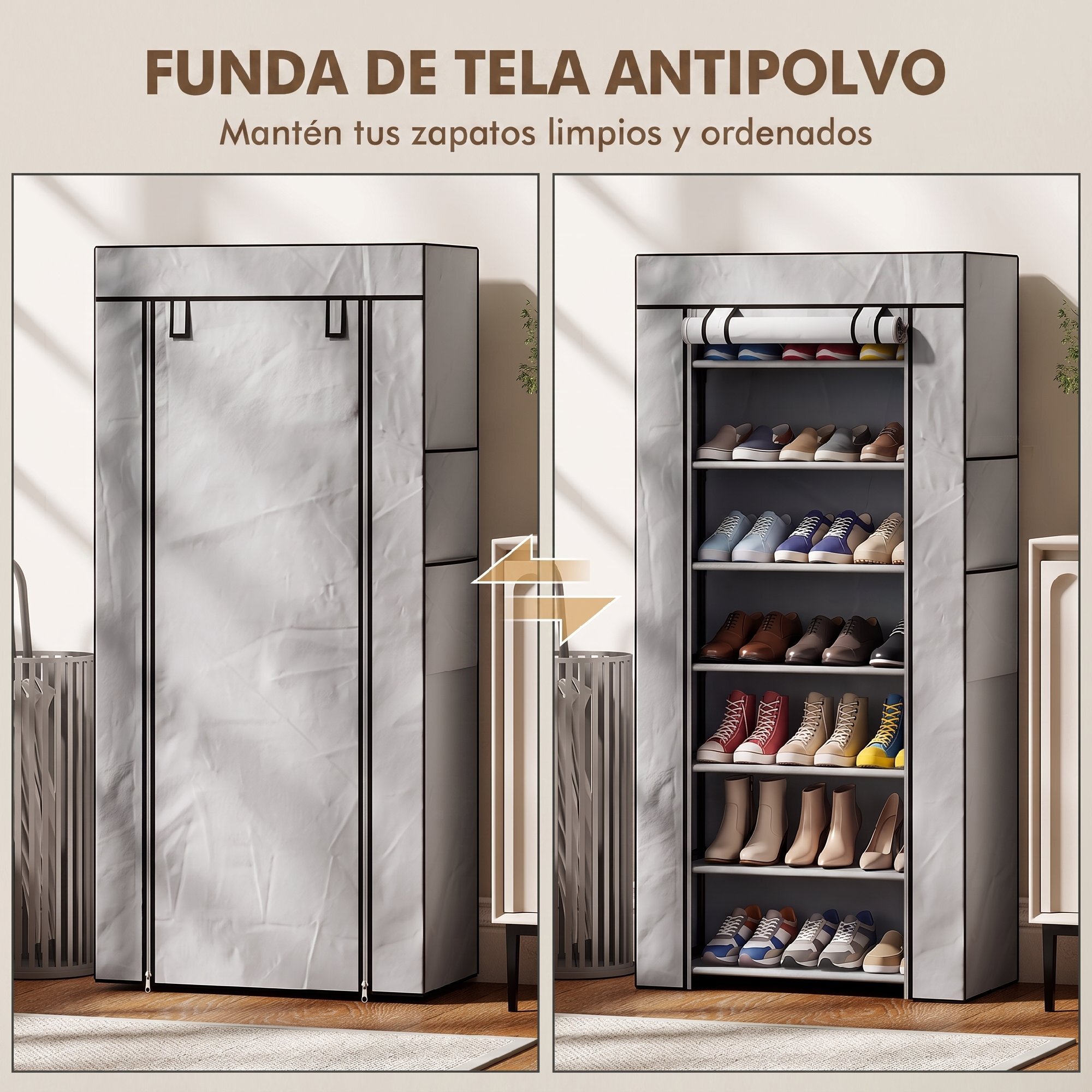 HOMCOM Zapatero de 7 Niveles, Zapatero Estrecho de Acero con Funda de Tela no Tejida, 2 Bolsillos Laterales, Estantería para 14-21 Pares de Zapatos, para Recibidor, Entrada, Pasillo, Gris