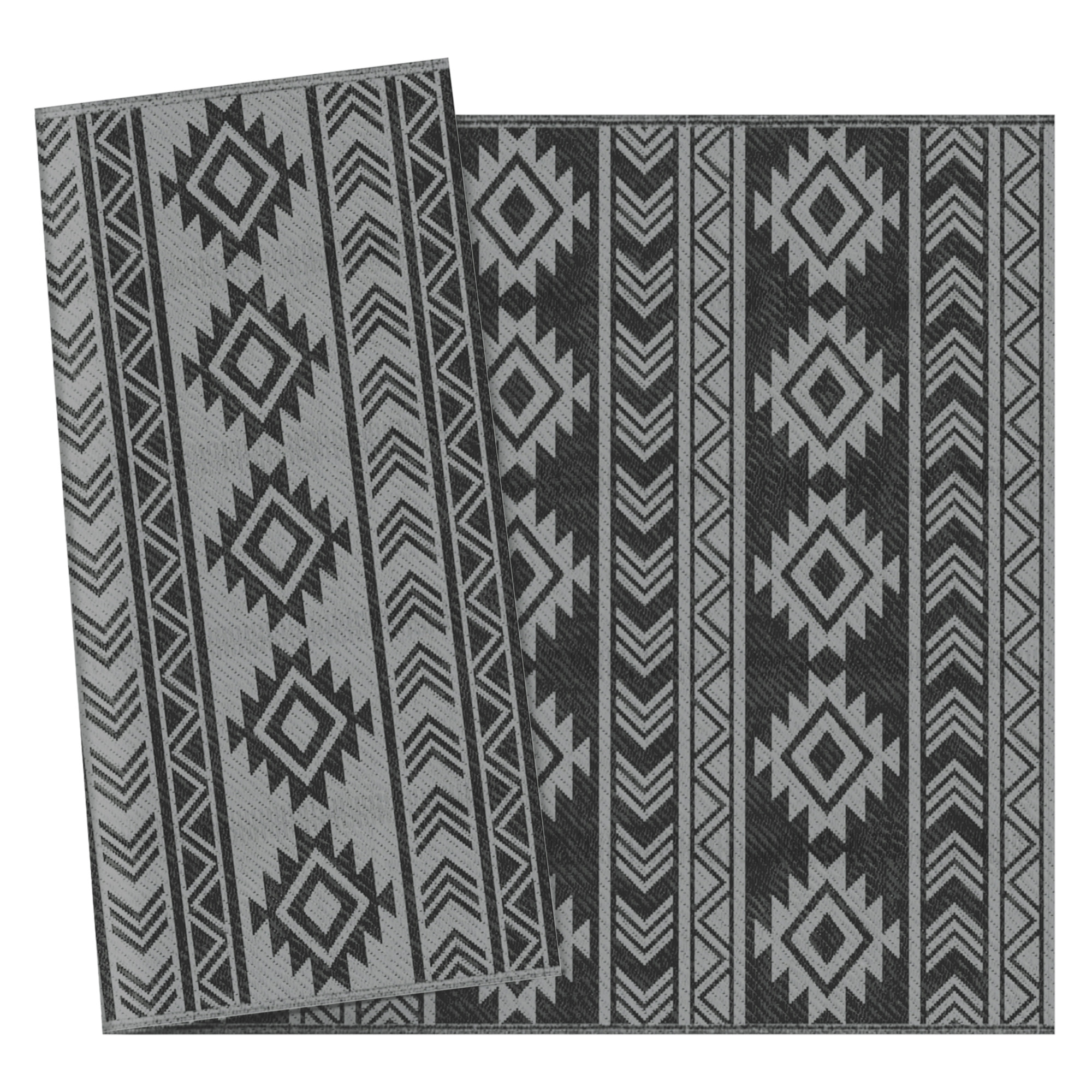 Alfombra de Exterior, 182x274 cm, Alfombra Reversible con Patrón Geométrico, Impermeable, Anti-UV, para Terraza, Balcón, Patio, Camping, Viajes en Autocaravana, Negro y Gris Claro