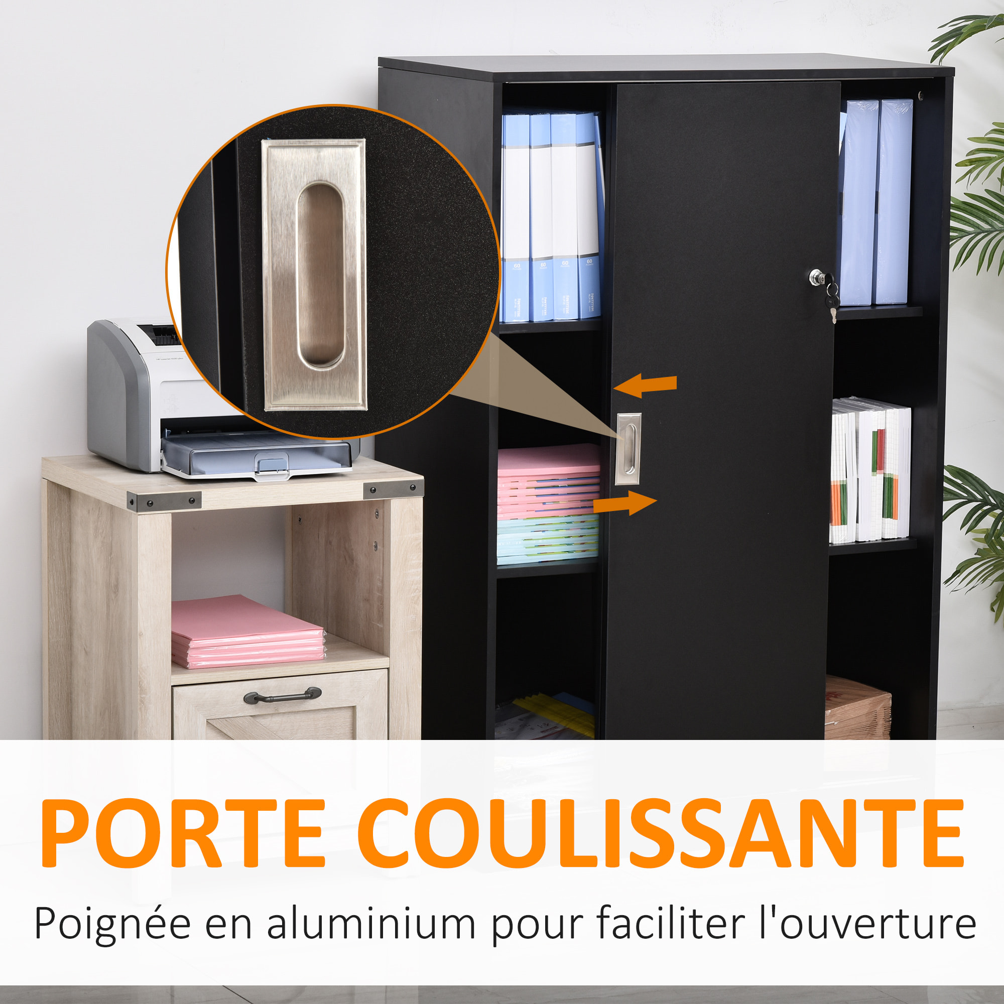 Armoire de bureau 2 portes coulissantes verrouillables dim. 80L x 40l x 120H cm 2 étagères panneaux particules noir