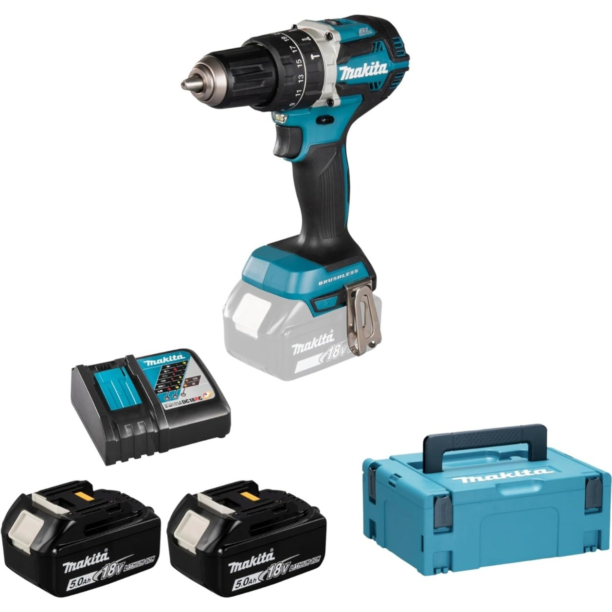 Perceuse visseuse à percussion 18 V Ø 13 mm MAKITA - avec 2 batteries 18V 5.0Ah - chargeur - MakPac - DHP484RTJ