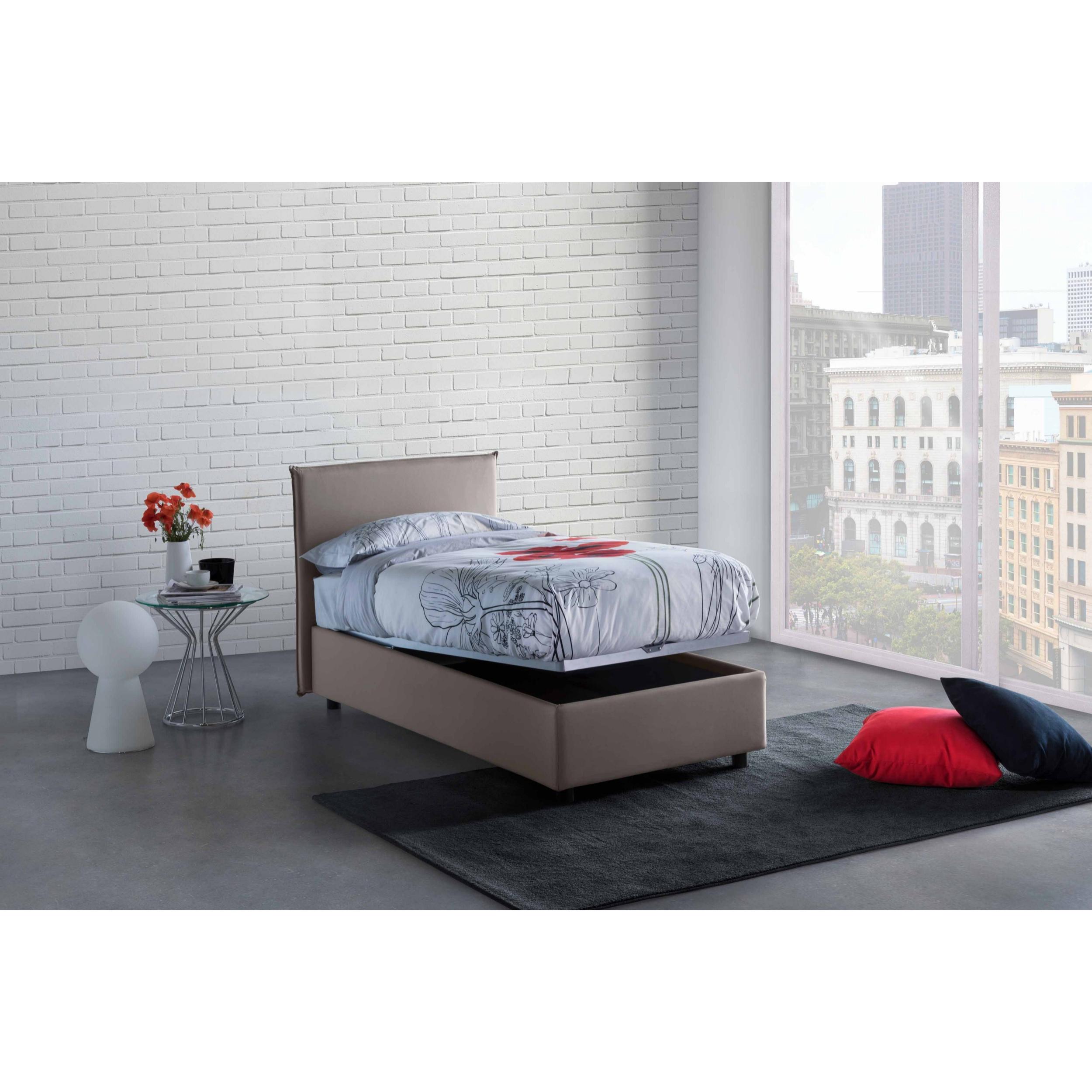 Letto singolo Chelsea, Letto contenitore con rivestimento in tessuto, 100% Made in Italy, Apertura frontale, adatto per materasso Cm 90x190, Tortora