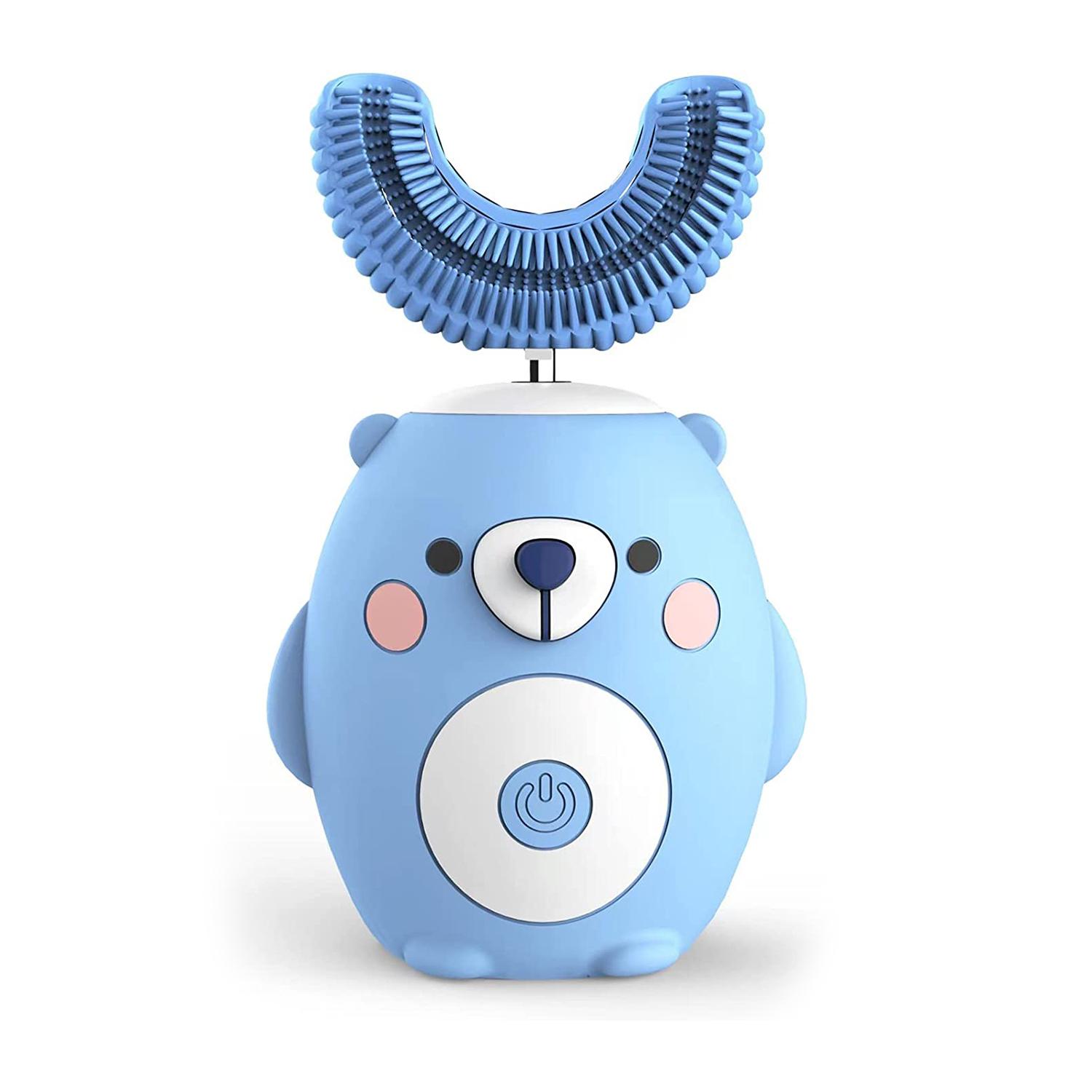 Spazzolino elettrico a forma di U per bambini. Setole morbide in silicone.