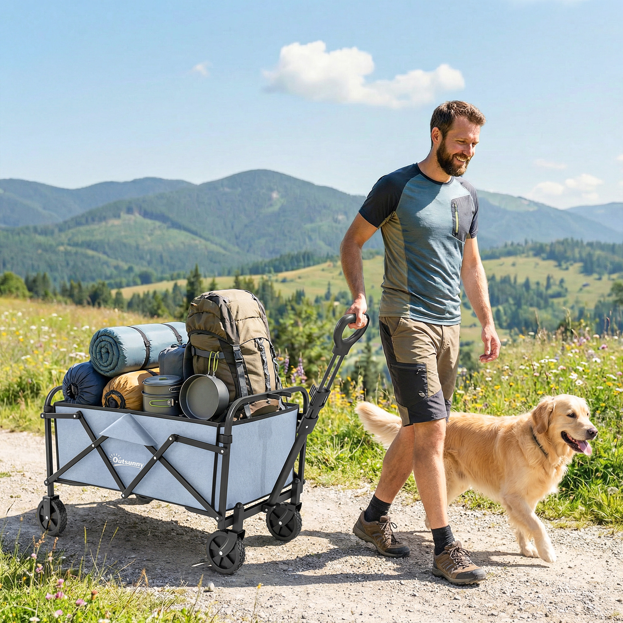 Chariot de jardin plage pliable 66L poignée télescopique métal polyester gris