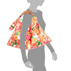 Bereguardo Bolso de hombro Mujer. Fabricado en tejido suave estampado con tintes naturales con asa de madera.