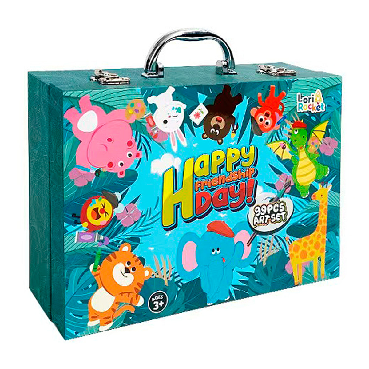 Maletin bellas artes 99 piezas con lapices y rotuladores, acuarelas, ceras pastel, pinceles y accesorios. Diseño animales.