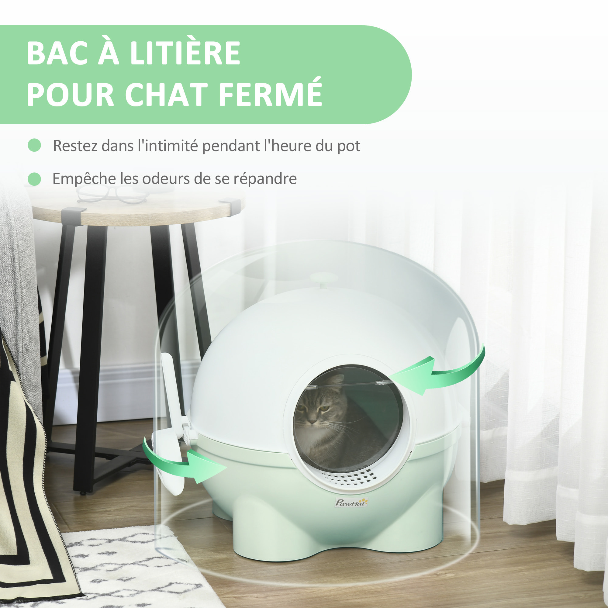 Maison de toilette pour chat design boule - porte battante, couvercle amovible, pelle - PP vert blanc