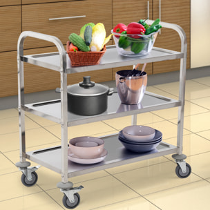 HOMCOM Chariot de service desserte de cuisine à roulettes 3 étagères 85L x 45l x 90H cm acier inox. chromé