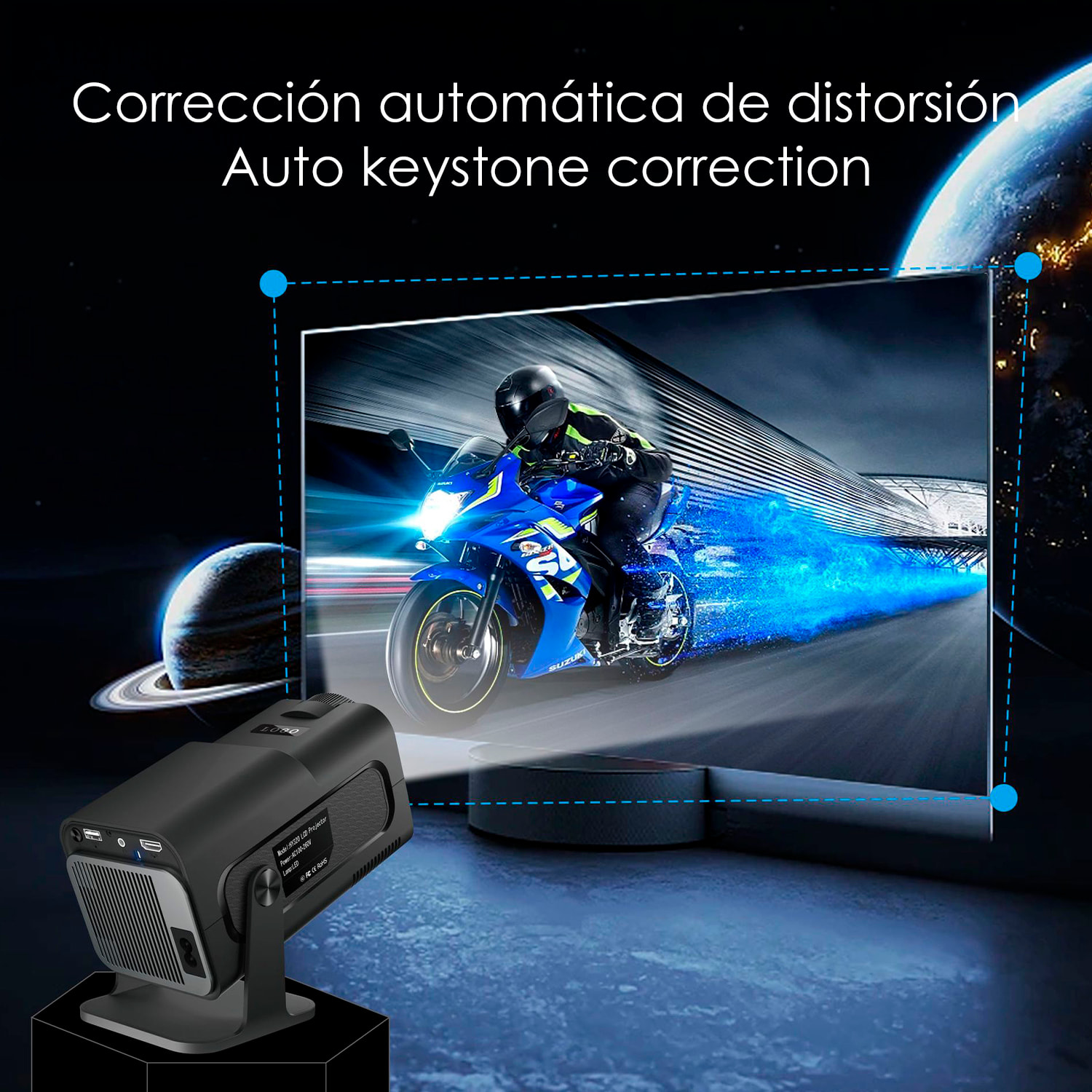 Proiettore LCD HY320, supporto 4K UHD, con wifi 6, duplicazione dello schermo per iOS e Android. Da 40 a 200 pollici, 300 lm. Con telecomando.