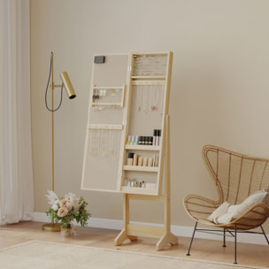 Espejo Joyero con Luces LED, Armario para Joyas, Armario Joyero de Pie con Espejo Entero, Ángulo Ajustable, con Estantes, Ranuras para Anillos, Madera Natural