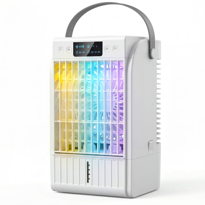 Climatizador Portátil, Mini Enfriador de Aire 4 en 1 con 4 Velocidades, 2 Modos de Nebulización, Luz LED RGB de 7 Colores, Depósito de Agua de 1,5L, Temporizador 2/4/6H, Asa, Blanco