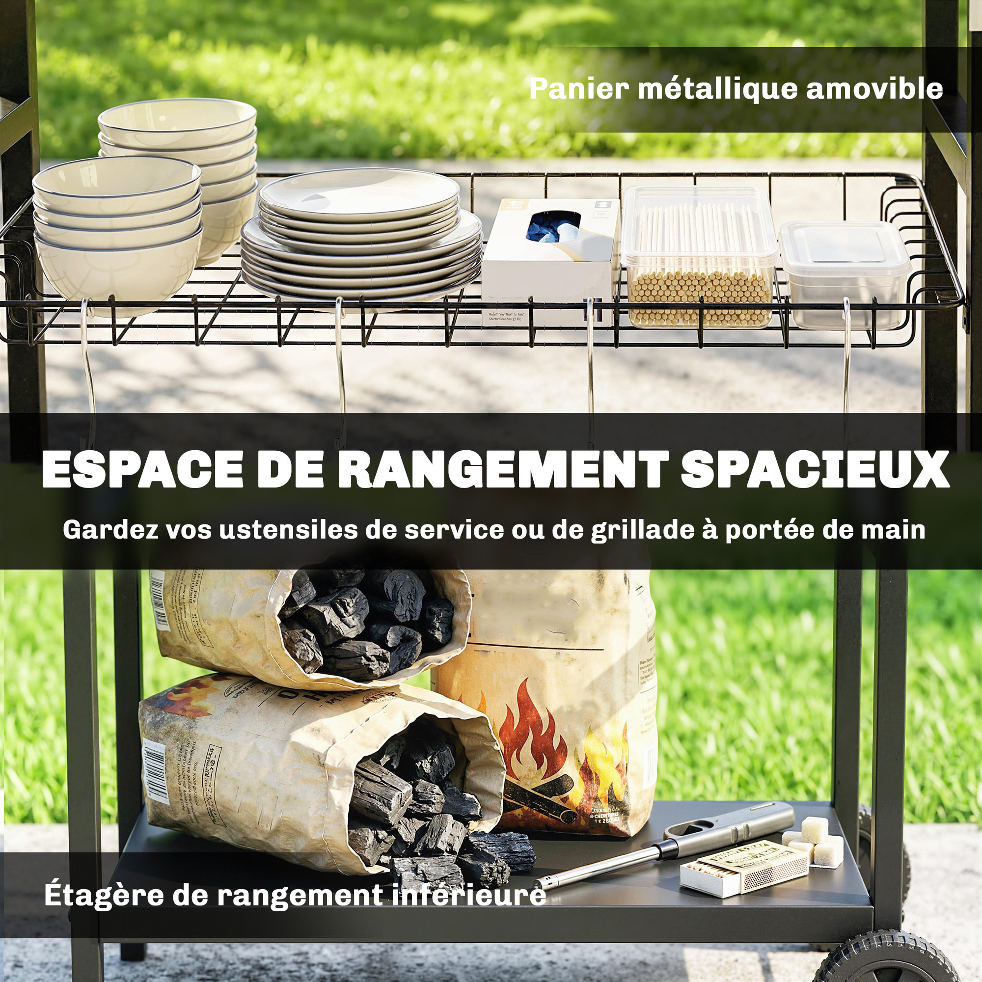 Desserte jardin 3 niveaux panier amovible 4 crochets poignée latérale acier inox noir