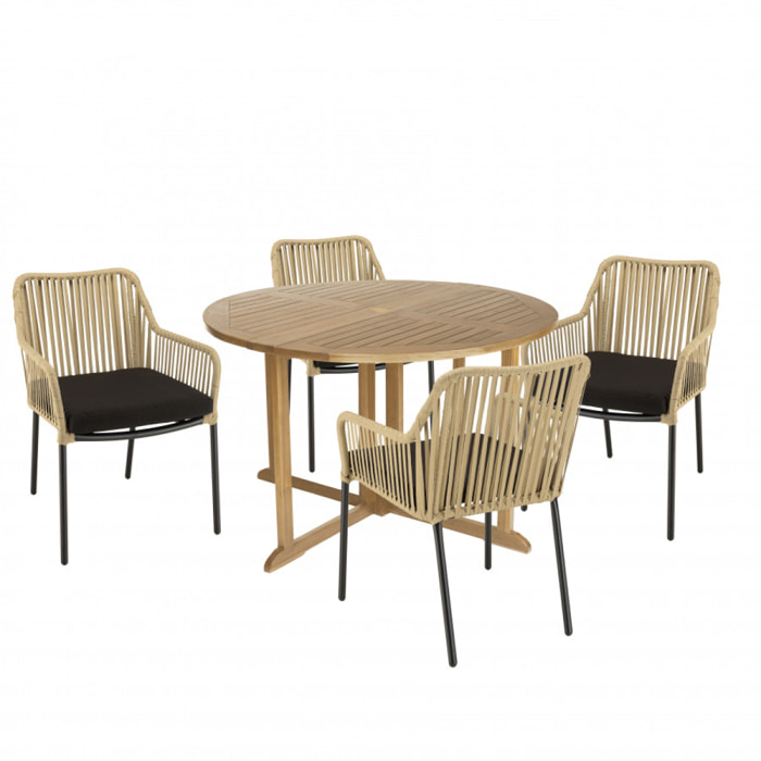 MALO - SALON DE JARDIN 4 PERS. - 1 Table ronde 120x120cm et 4 fauteuils beiges et noirs en cordage