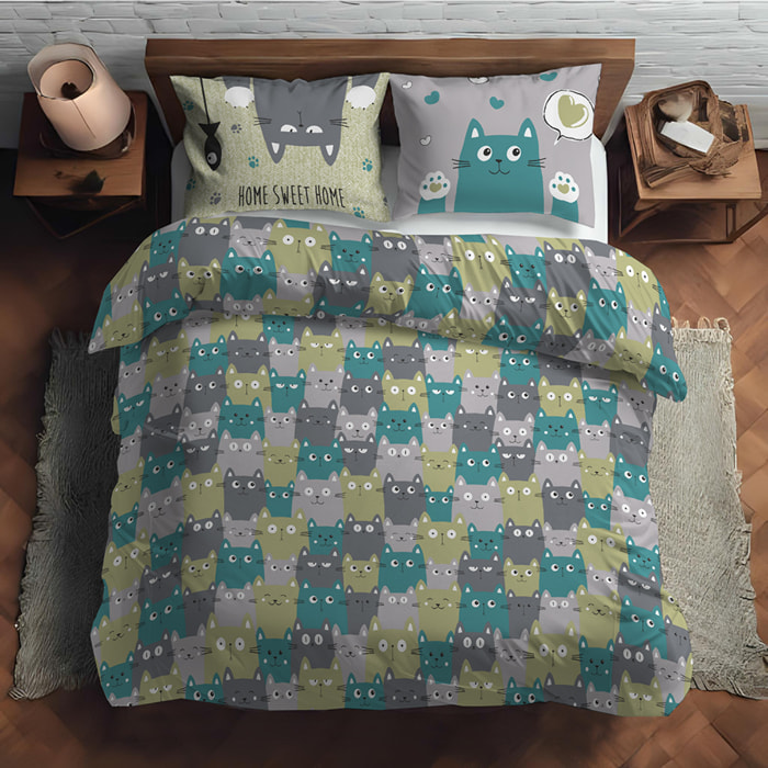 Parure copripiumino happycat verde 100% cotone