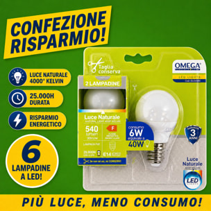 OMEGA Set 6 lampadine sfera led 6W E14 4000K