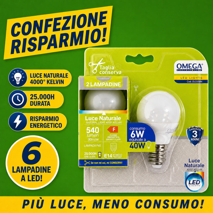 OMEGA Set 6 lampadine sfera led 6W E14 4000K