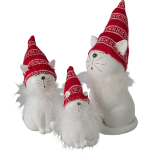 J-Line Chat avec chapeau - polyrésine - blanc/rouge Noël - large