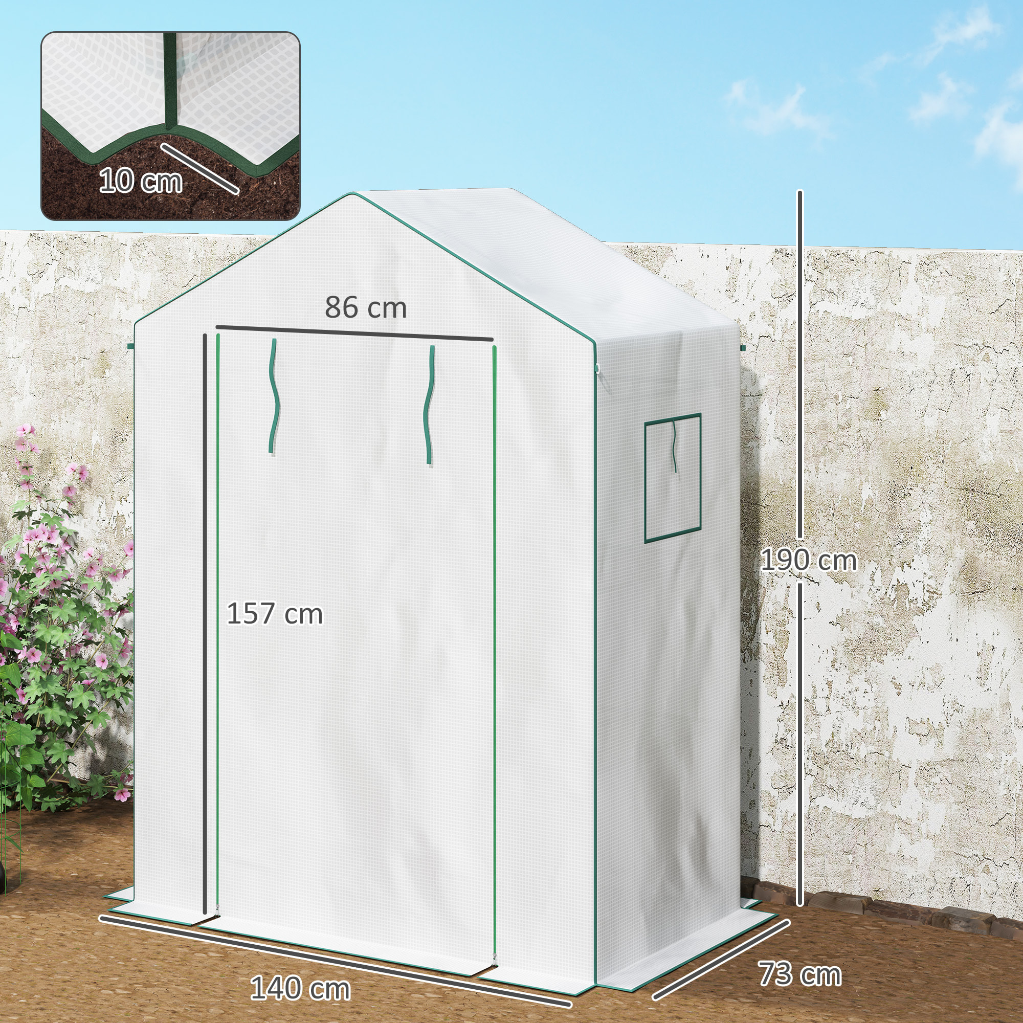 Invernadero de Exterior de 3 Niveles Invernadero de Jardín con Puerta Enrollable 2 Ventanas Estantes en Forma de U para Cultivo de Plantas en Terraza Patio 140x73x190 cm Blanco