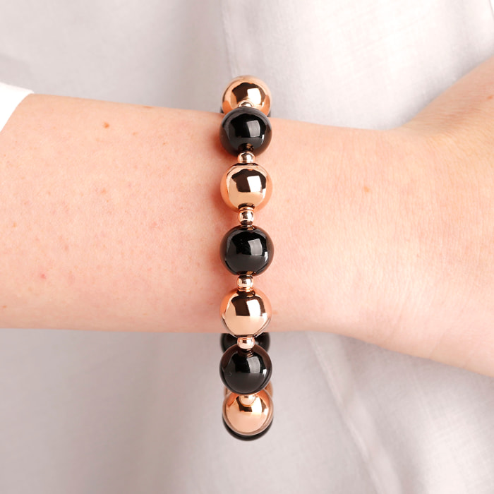 Bracciale con Bead Lucide e Pietra Naturale Onice Nero Sfaccettato