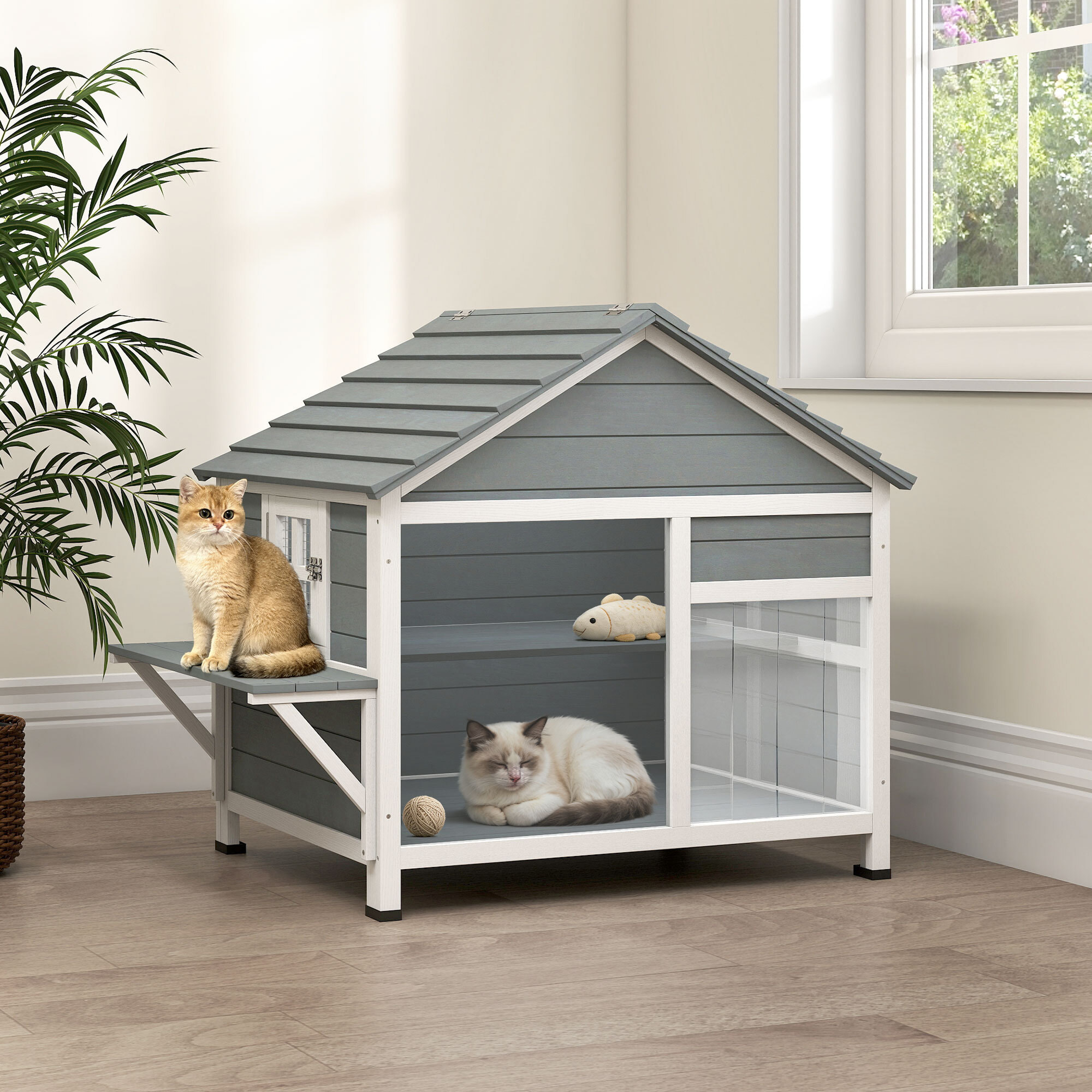 Niche maison pour chat bois - fenêtre verrouillable, étagères, portes, toit ouvrant - blanc gris