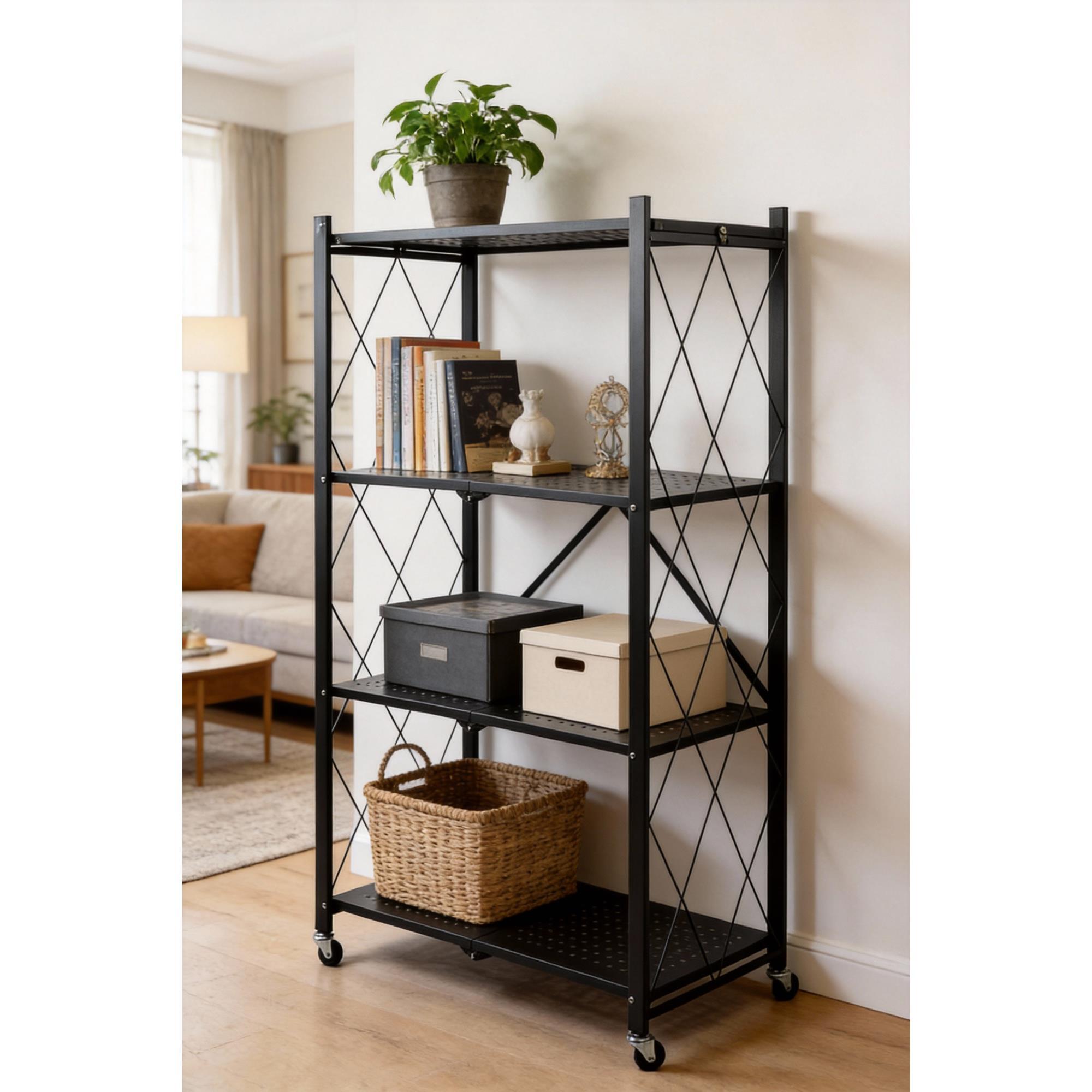 Estantería de Almacenamiento PLEGABLE de 4 Estantes con ruedas, SIN montaje - 71x34x125cm color Negro
