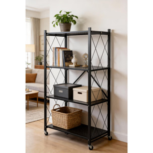 Estantería de Almacenamiento PLEGABLE de 4 Estantes con ruedas, SIN montaje - 71x34x125cm color Negro