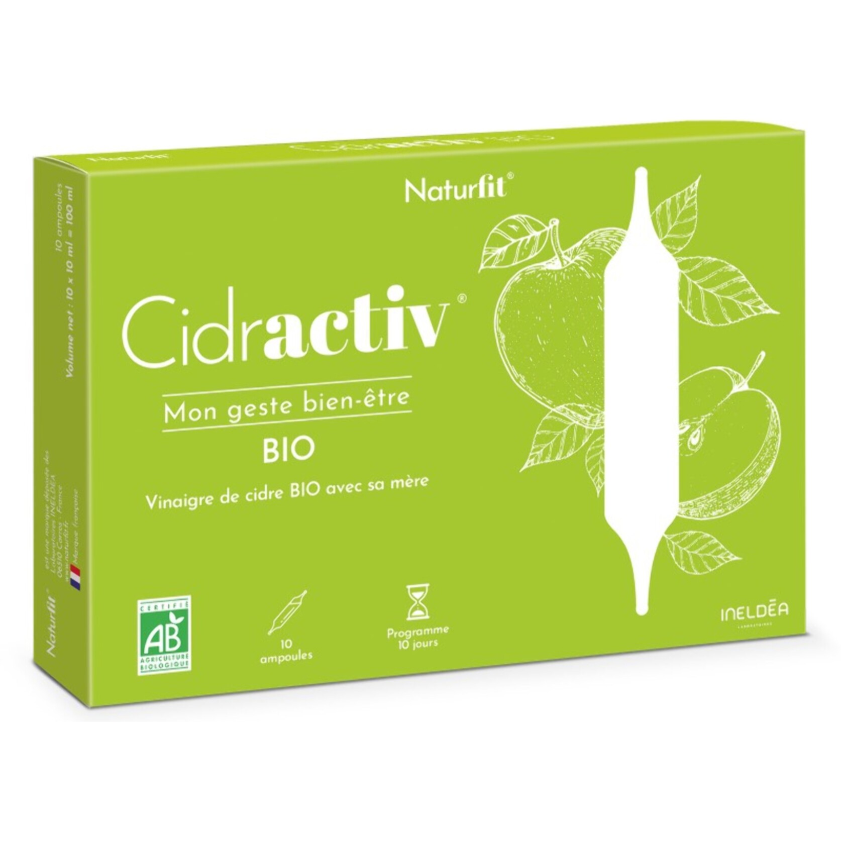 NATURFIT - Cidractiv - Vinaigre de Cidre Bio avec Mère - Routine bien-être - Qualité Premium - Fabriqué en France - 10 Ampoules