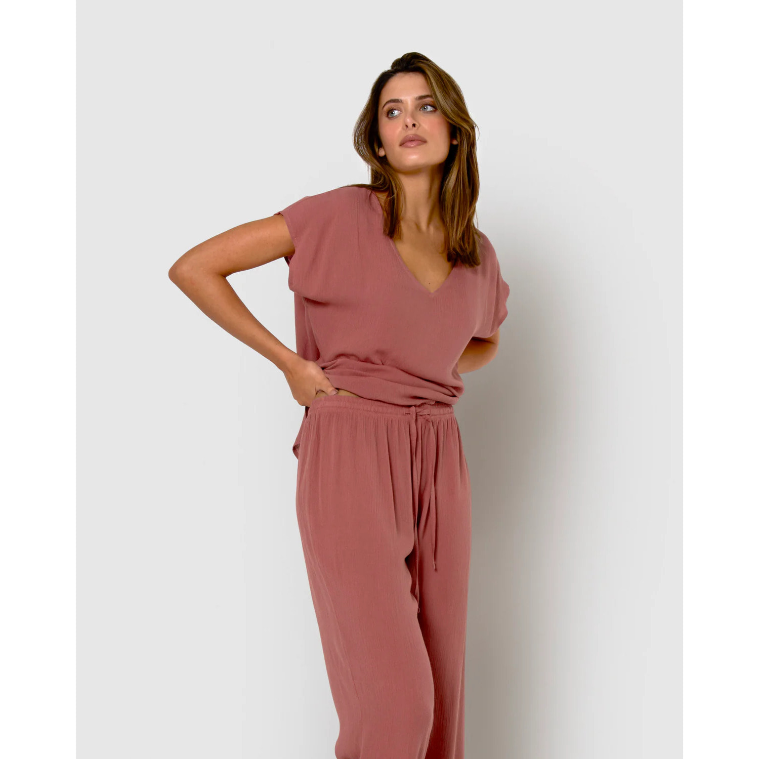Camisa mujer bambula detalles plisados rosa