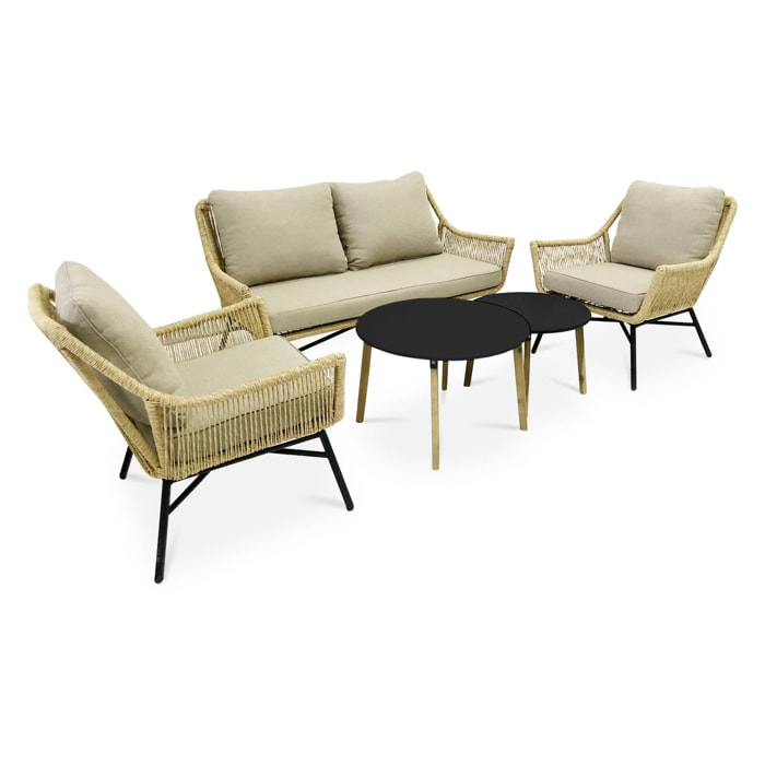 Salon de jardin bas 4 places KUTA – Ensemble canapé 2 places et 2 fauteuils avec 2 tables gigognes. résine tressée effet corde. coussins beiges