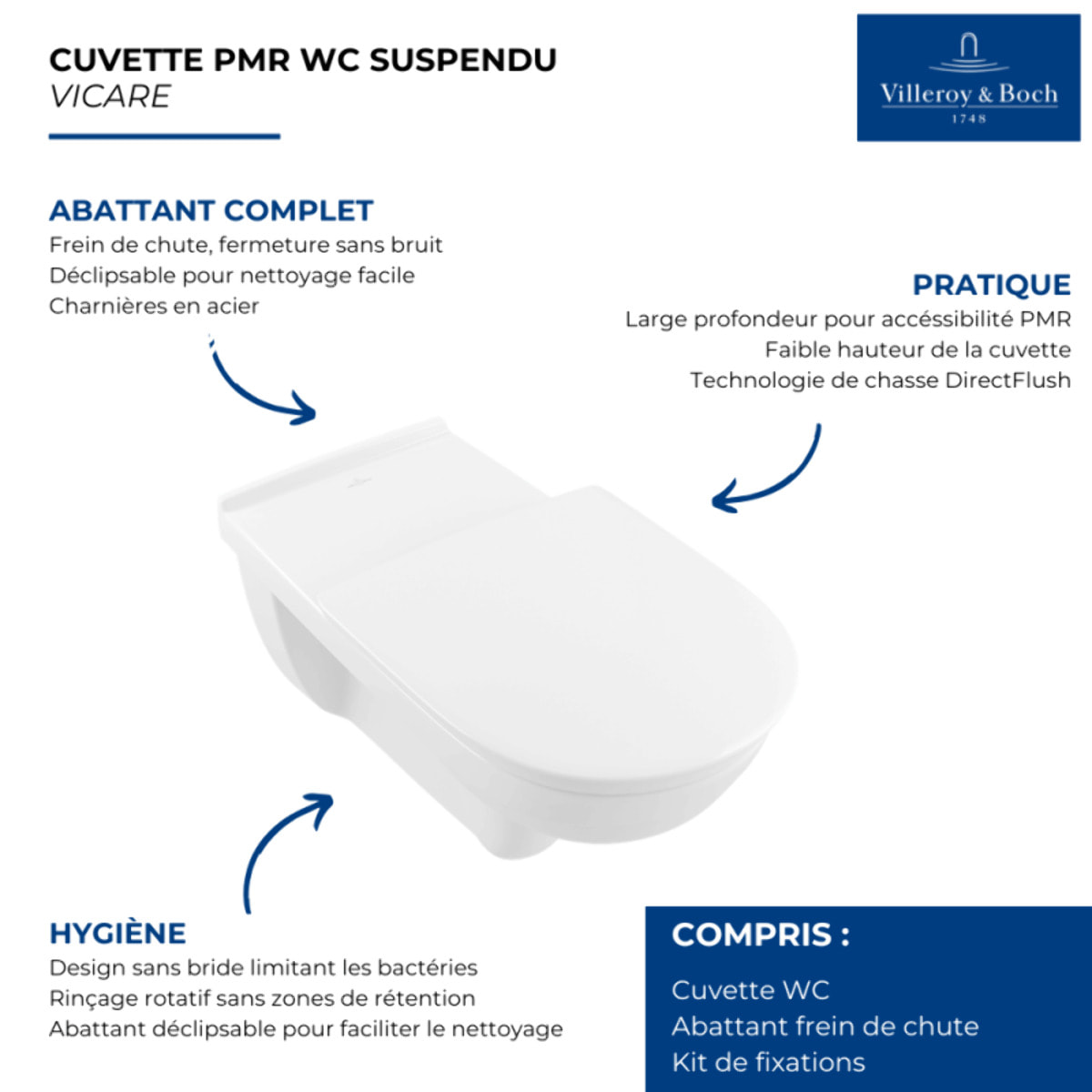 Cuvette WC suspendu PMR sans bride VILLEROY & BOCH ViCare blanc + Abattant WC amovible frein de chute