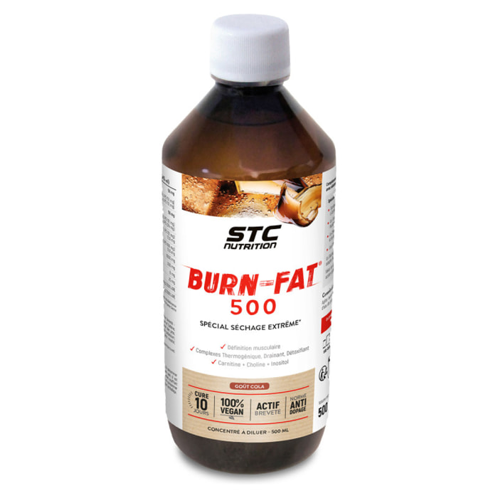 Burn-Fat® 500  - 3 actions:  brûle-graisses + énergisant + désinfiltrant - Vegan - Actif breveté - Flacon 500ml - Goût cola