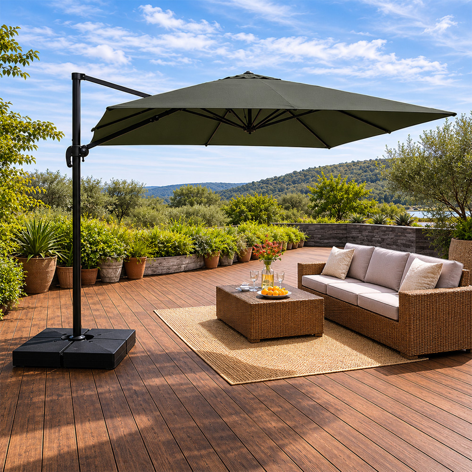 Parasol rectangulaire 3x4 déporté rotatif vert en aluminium GHAZIE