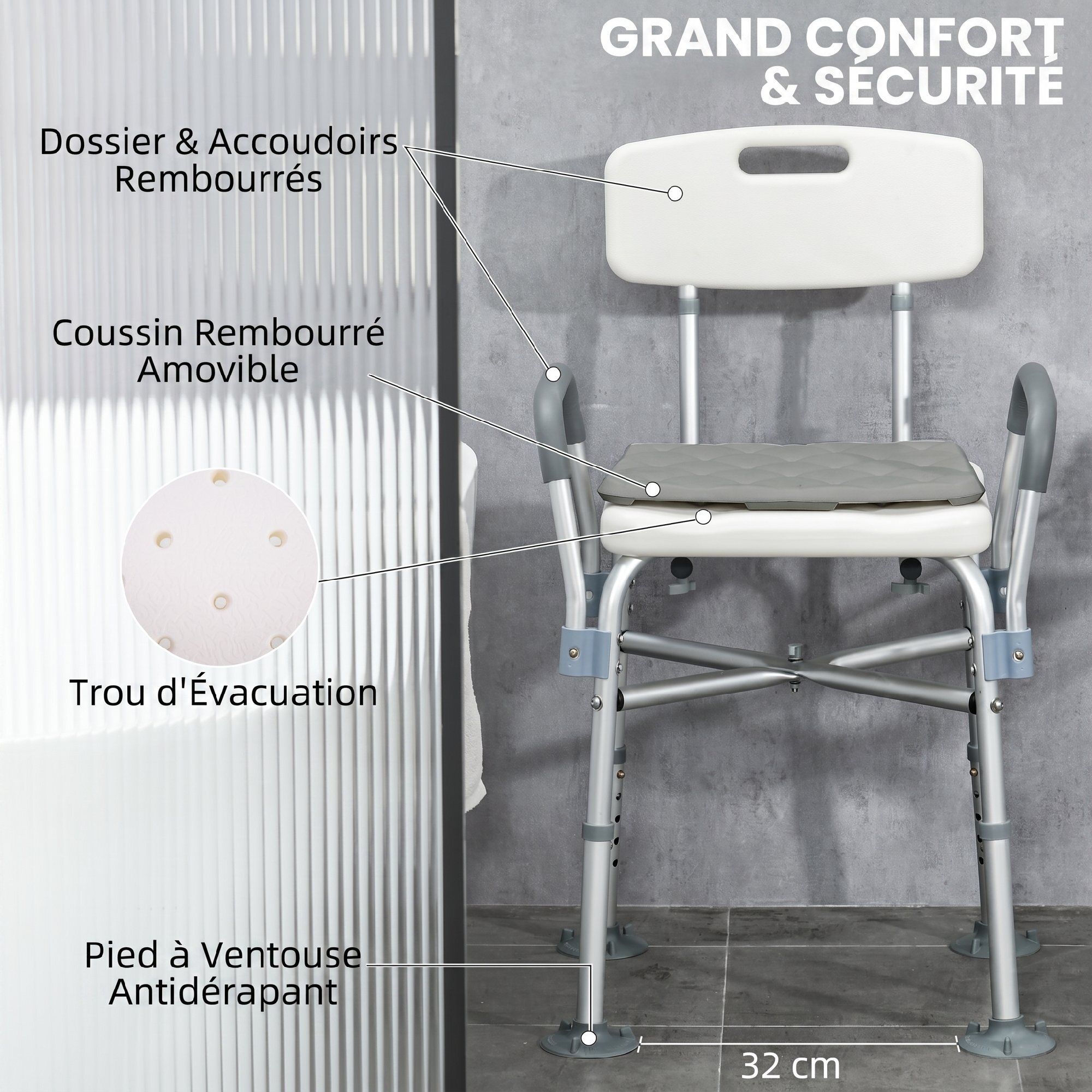 Chaise de douche réglable avec accoudoirs dossier coussin alu HDPE gris blanc
