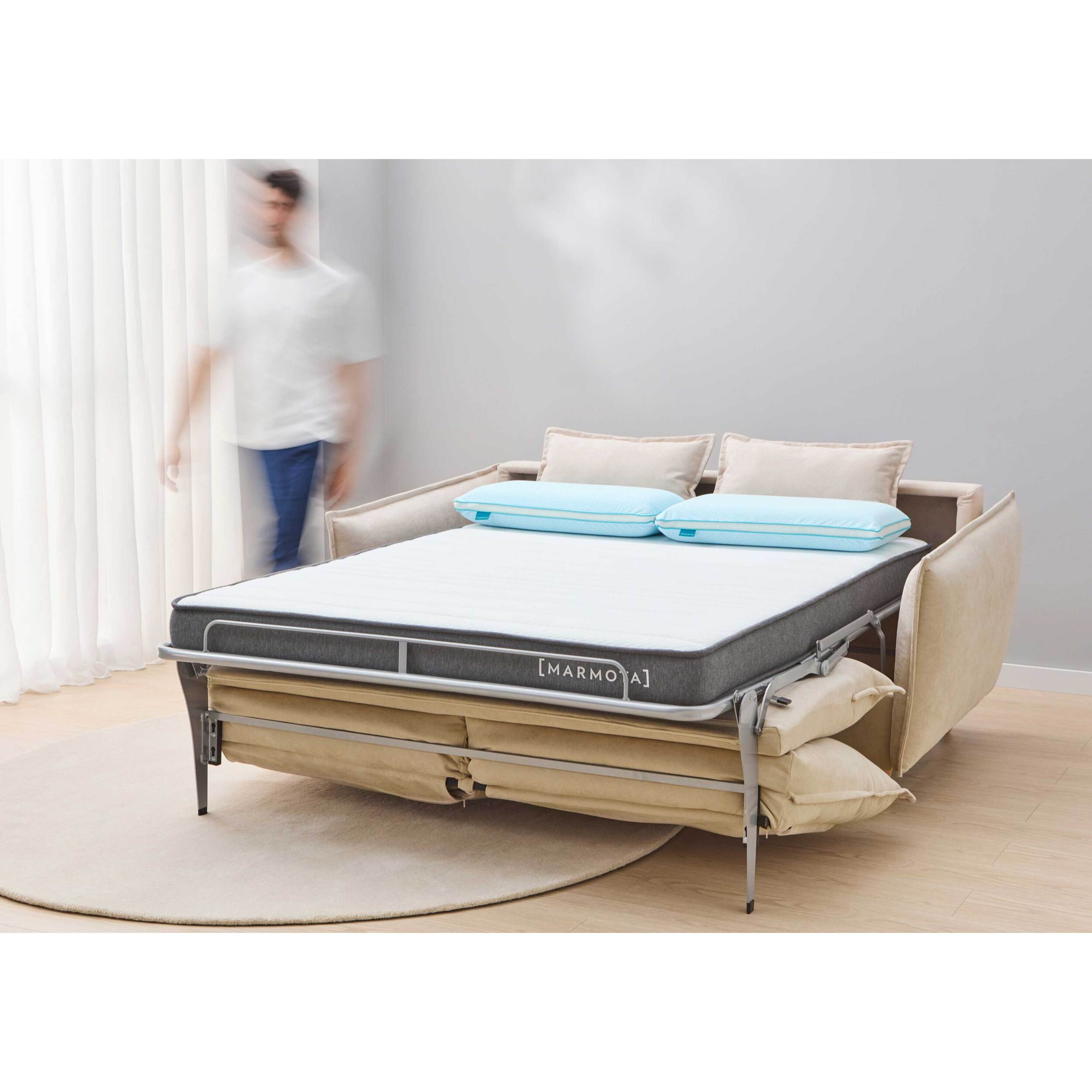 Sofá Cama Viscoelástico - Apertura Estilo Italiano - Colchón Matrimonio - Tejido Anti-Manchas - 2 Cojines Función Almohada incluídos - Múltiples colores - 5 Años de Garantía