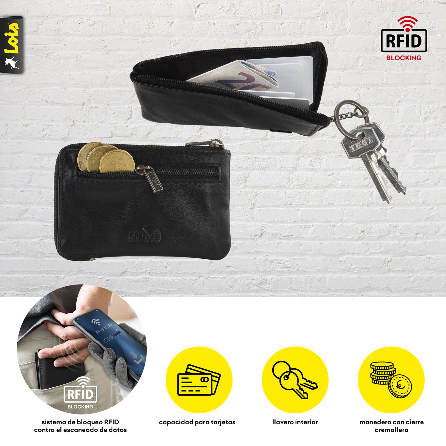 Monedero Piel Hombre Lois Lubbock Negro