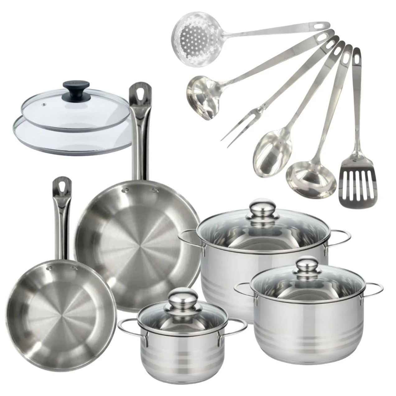 Set 2 poêles 20 et 24 cm en inox et couvercles, 3 faitouts inox 16, 20 et 24 cm et 6 ustensiles inox Fackelmann Eterna