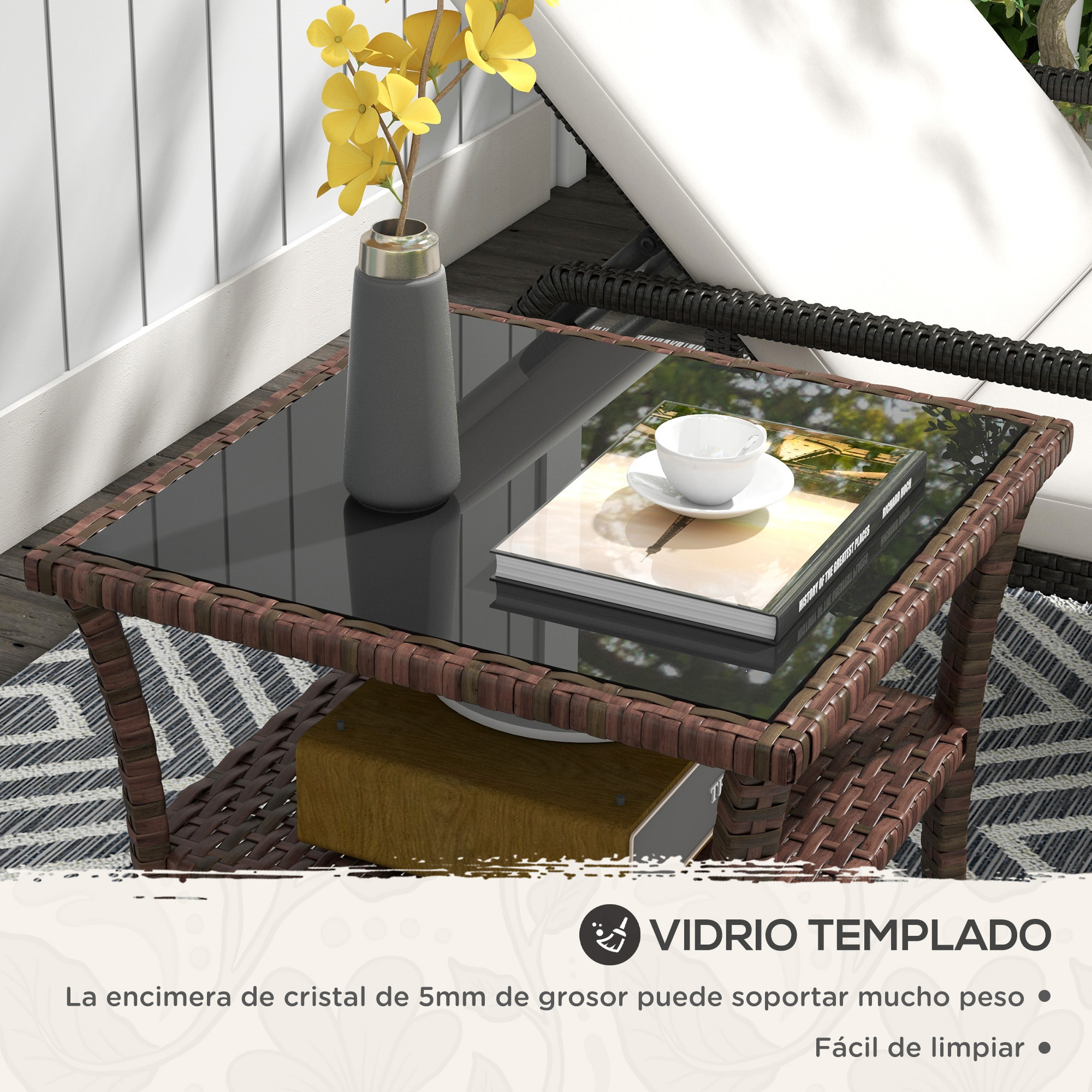 Mesa de Ratán Sintético Cuadrada 50x50x45 cm Mesa de Jardín con Estante Encimera de Vidrio y Marco de Acero Carga 30 kg para Terraza Patio Marrón