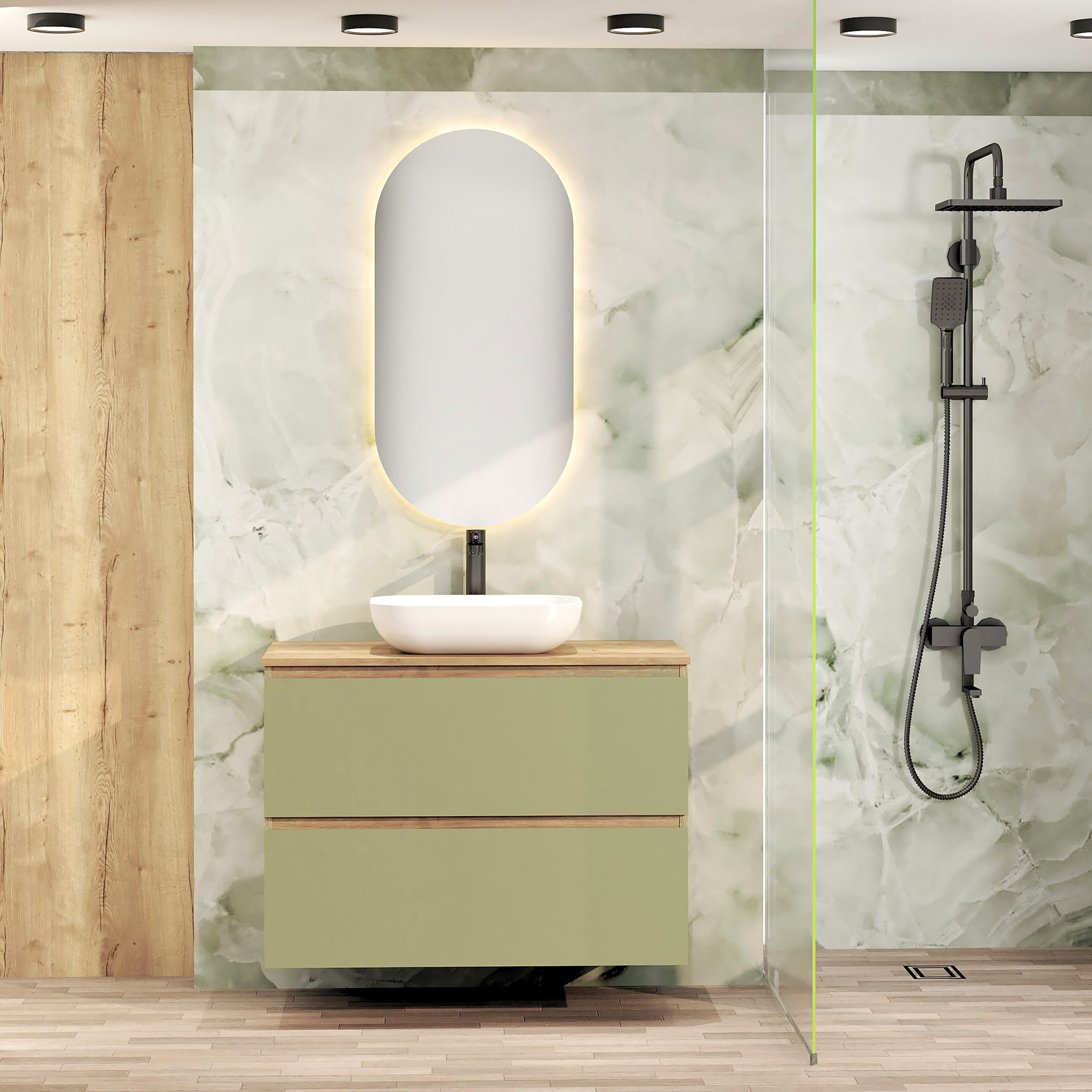 Conjunto de Baño Nia | Mueble Suspendido | 90 cm Verde | Dos Cajones | Lavabo Sobrepuesto | No incluye Espejo | Mueble Montado| Alday