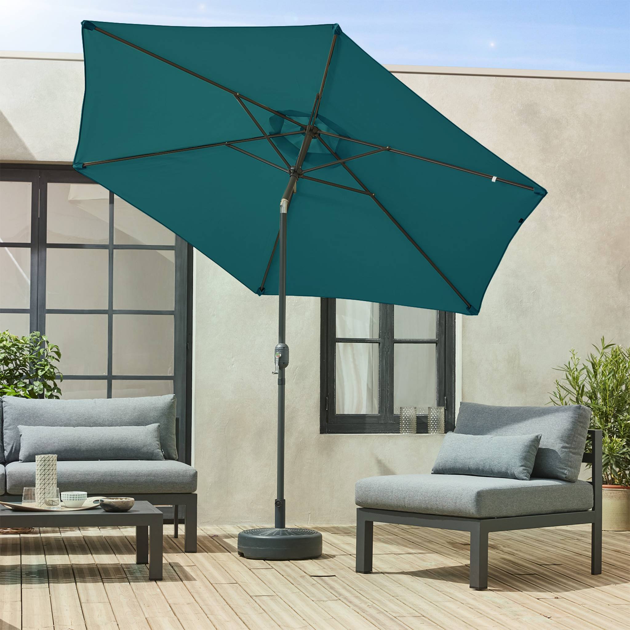 Parasol droit rond Ø300cm - Touquet Bleu canard - mât central en aluminium orientable et manivelle d'ouverture