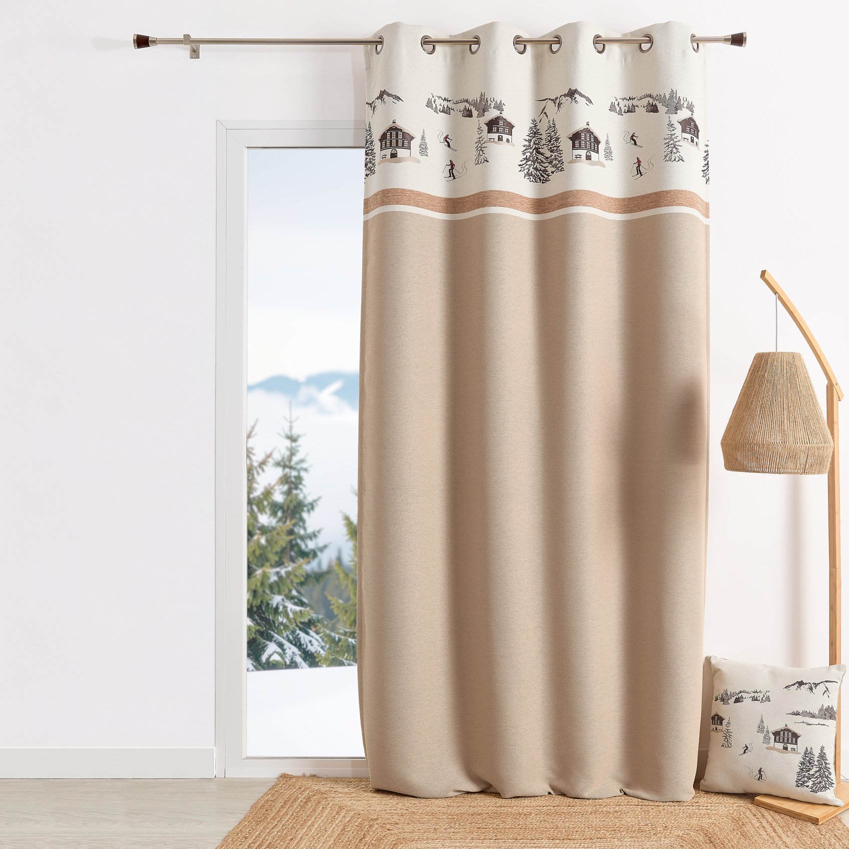 Rideau jacquard à œillets avec motif chalets et sapins - Beige