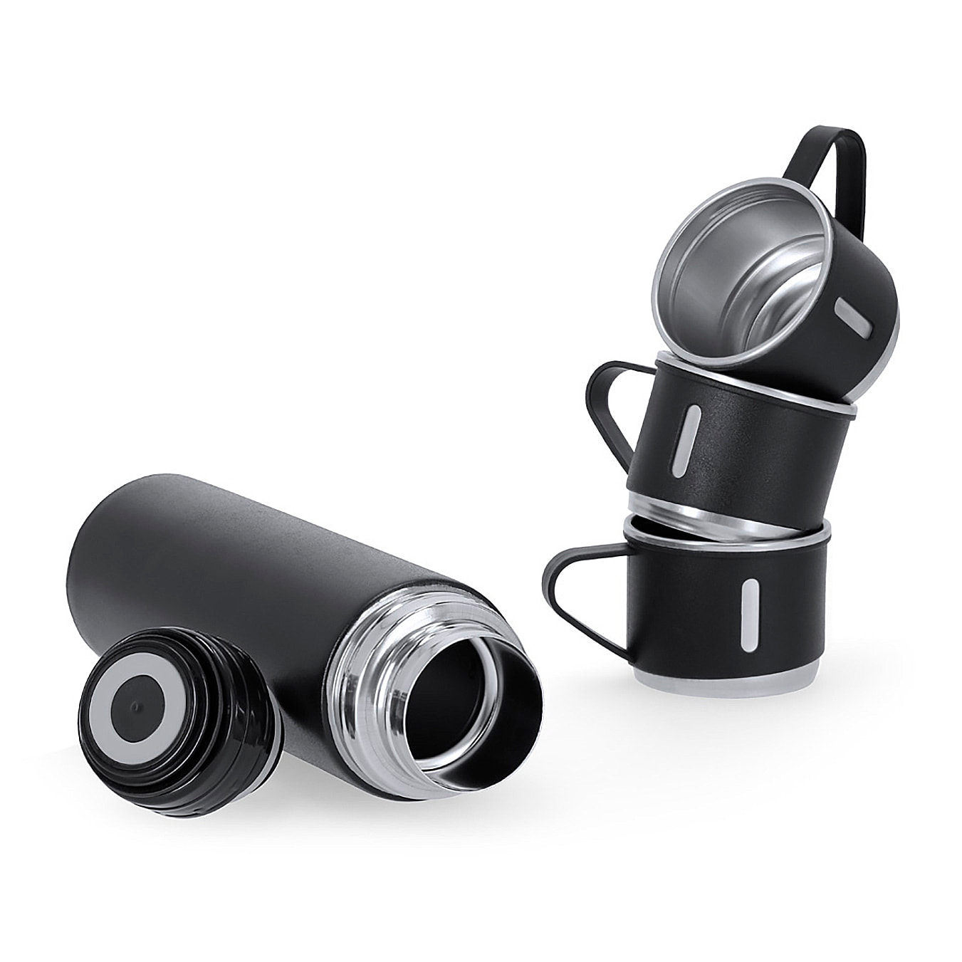Set de termo con tazas fabricado en acero inox. Termo de 420 ml de capacidad y de doble pared, 3 tazas de 140ml.