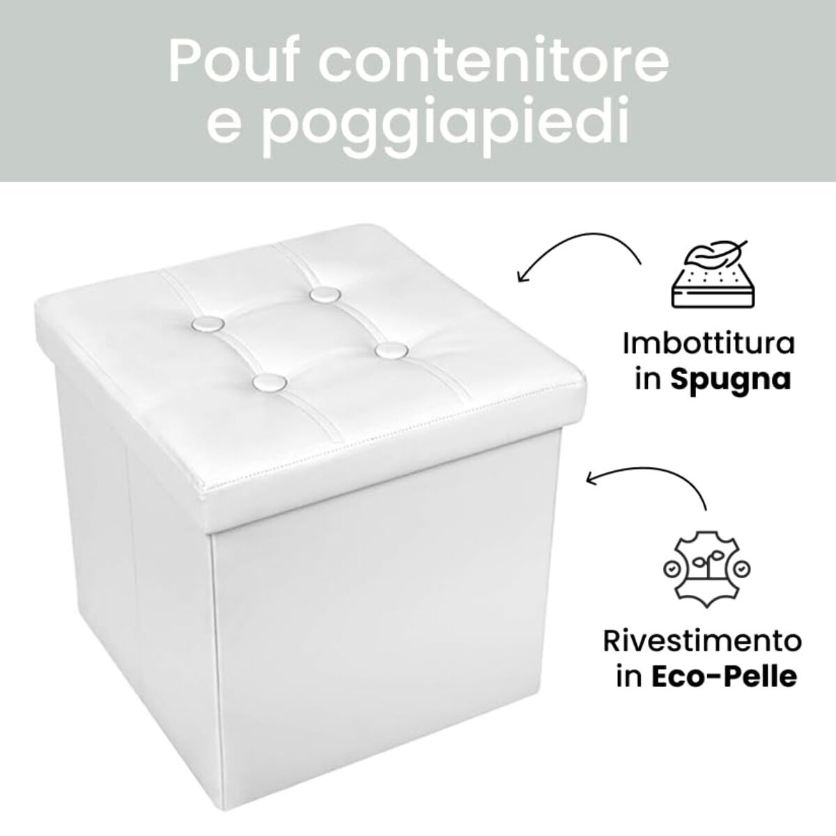 Pouf Contenitore Quadrato in Ecopelle, Pouf Poggiapiedi Imbottito in simil Pelle