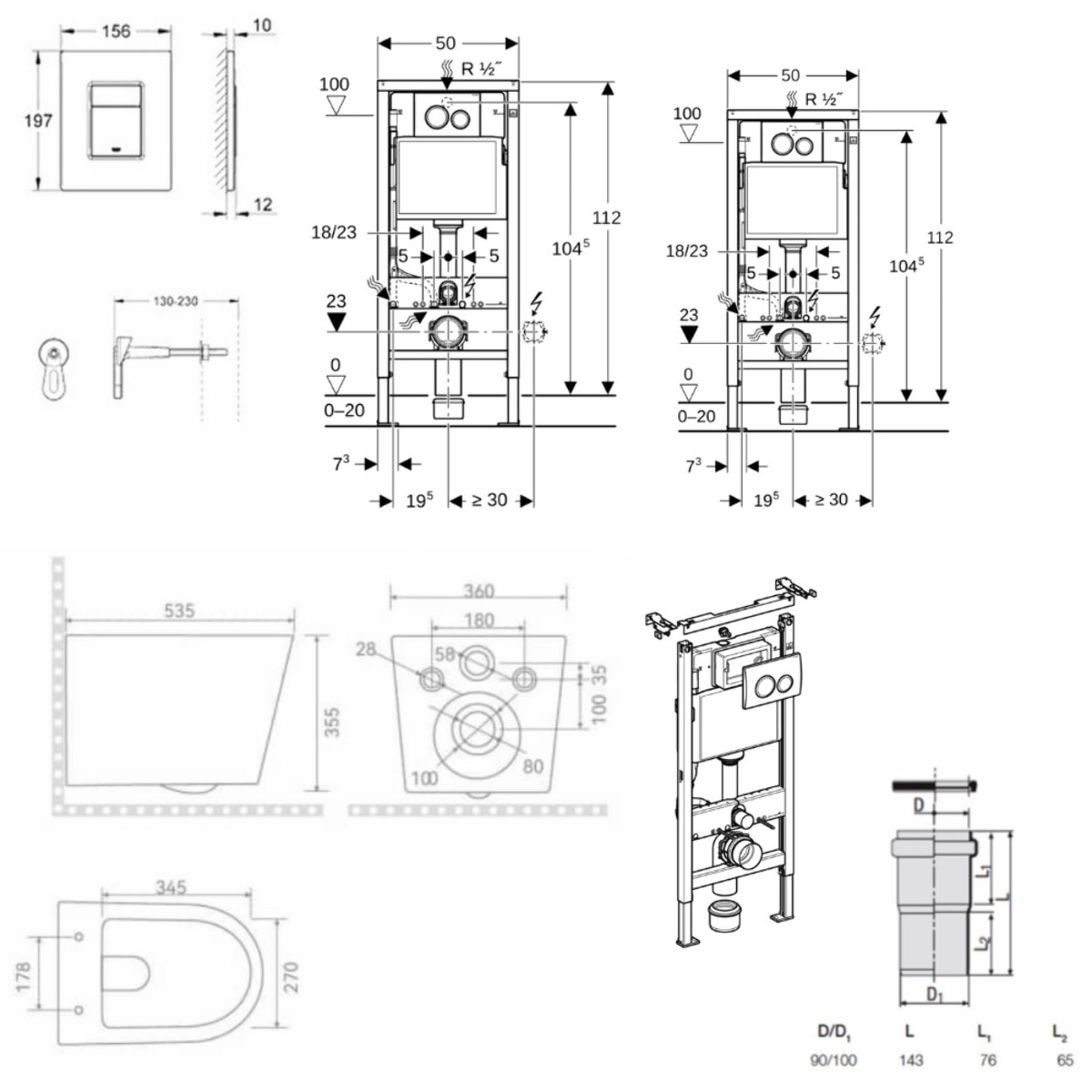 Duofix Pack WC bâti-support 112 cm + WC suspendu sans bride avec abattant SoftClose Ceramia + plaque blanche (GEBCE14WT04MAN-FR)