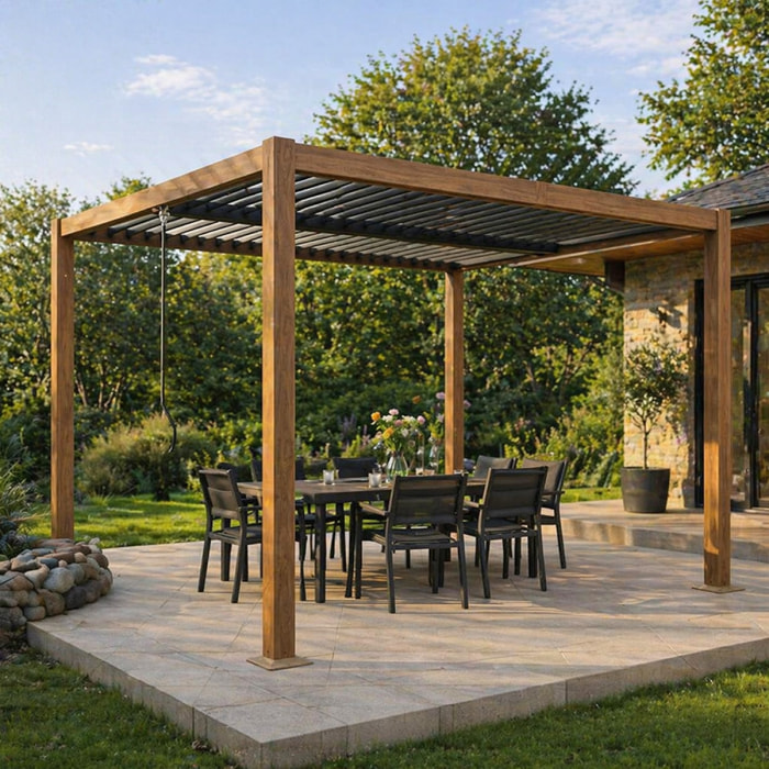 Pergola bioclimatique effet bois structure et lames orientables en aluminium 3x3m SOPRON