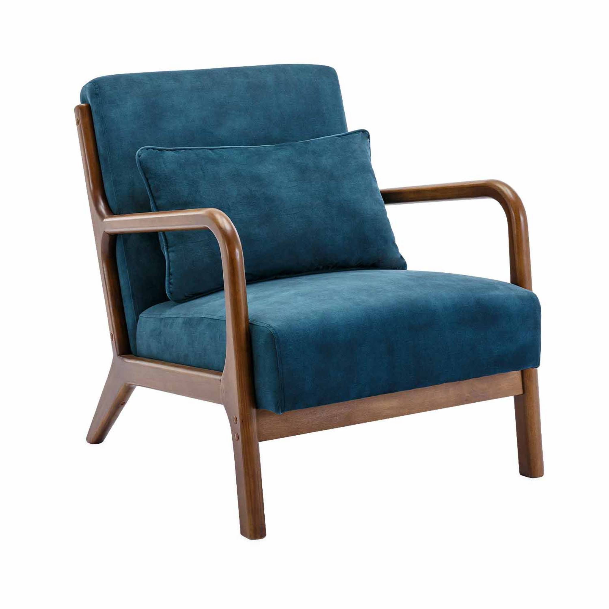 Fauteuil en velours bleu pétrole. pieds bois d'hévéa teinté noyer clair. 1 place droit fixe. pieds compas scandinave