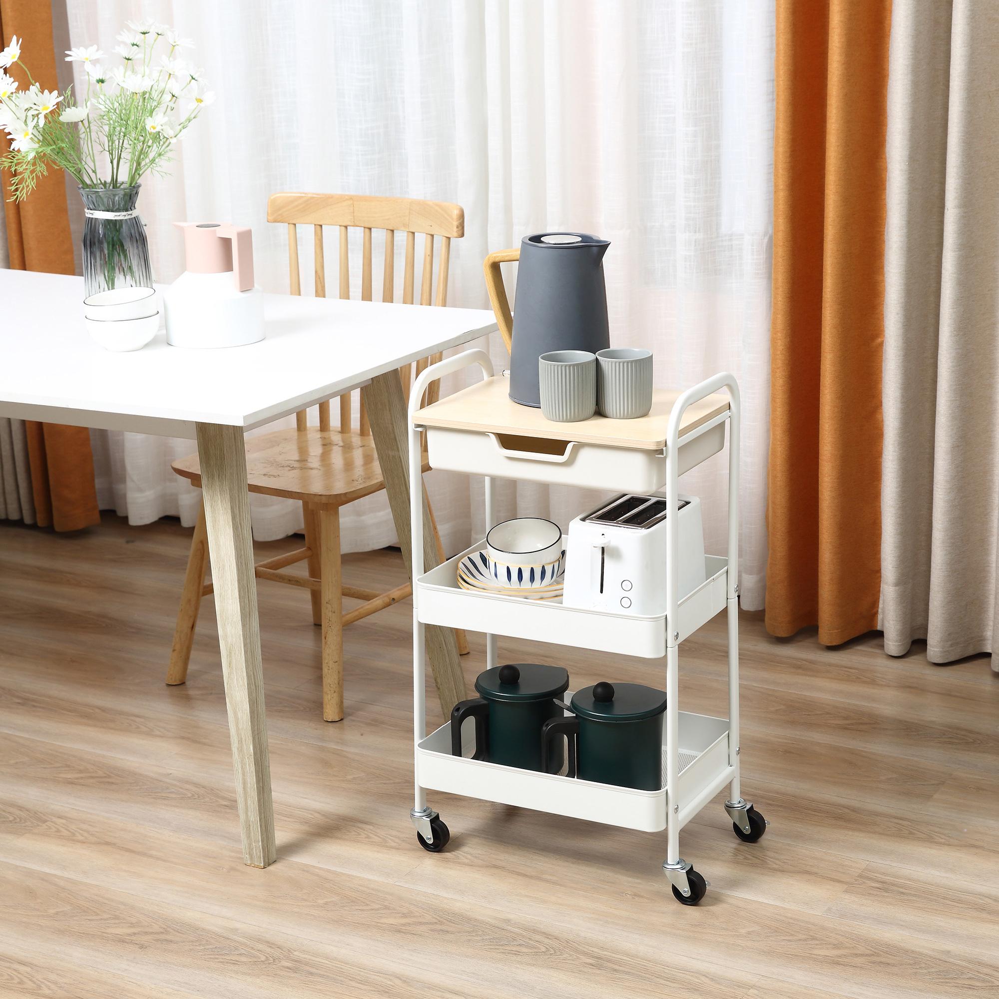 HOMCOM Carrito de Cocina con Ruedas Carro de Almacenamiento con Cajón Extraíble 2 Cestas y Frenos para Baño Salón Dormitorio 43,9x30,5x75,6 cm Blanco