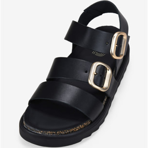 Sandalias de cuña negras en piel con hebillas