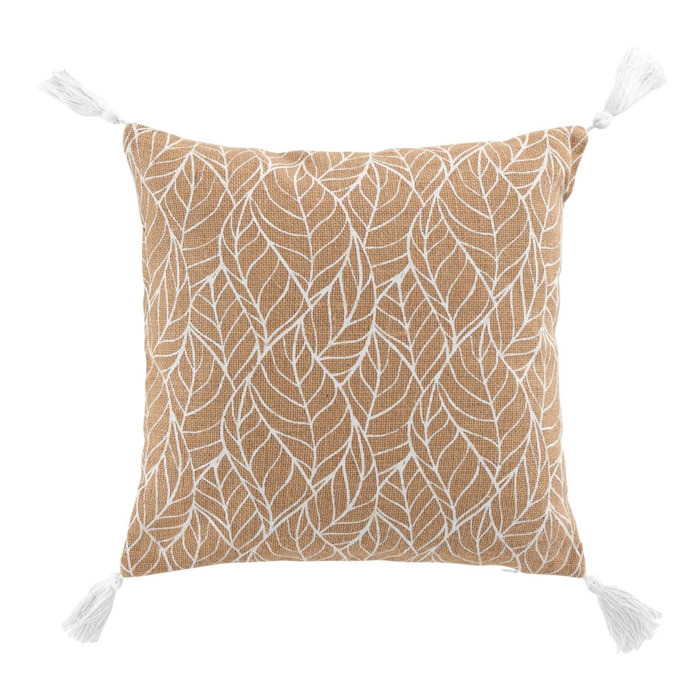 Coussin déhoussable en jute imprimé feuilles - Blanc