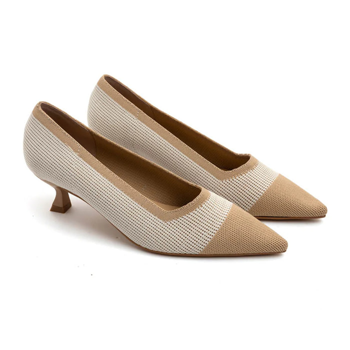 Decolleté a punta bicolore con tacco kitten - BEIGE