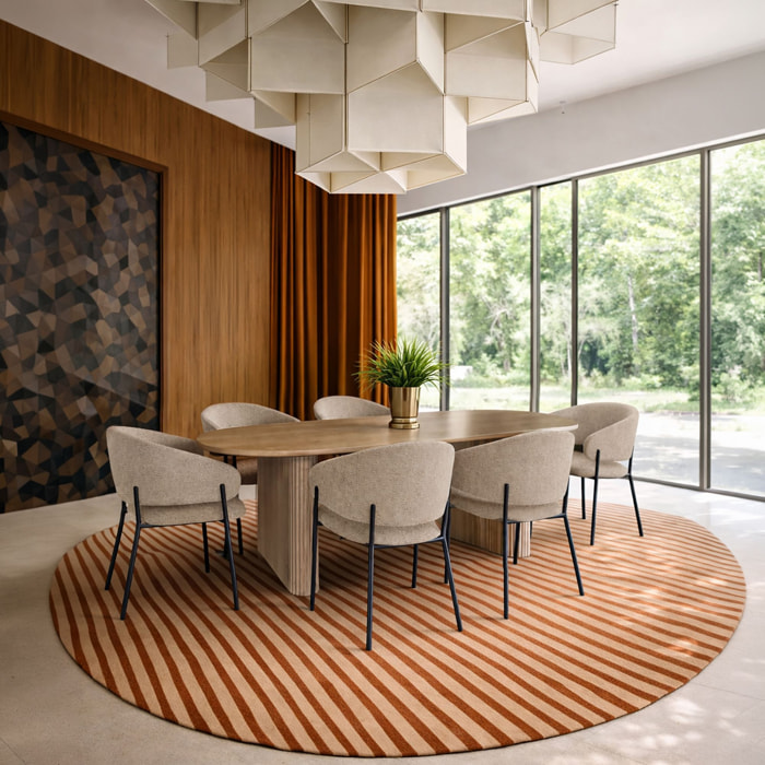 Ensemble table ovale effet bois 220cm et 6 fauteuils en tissu taupe QUITO